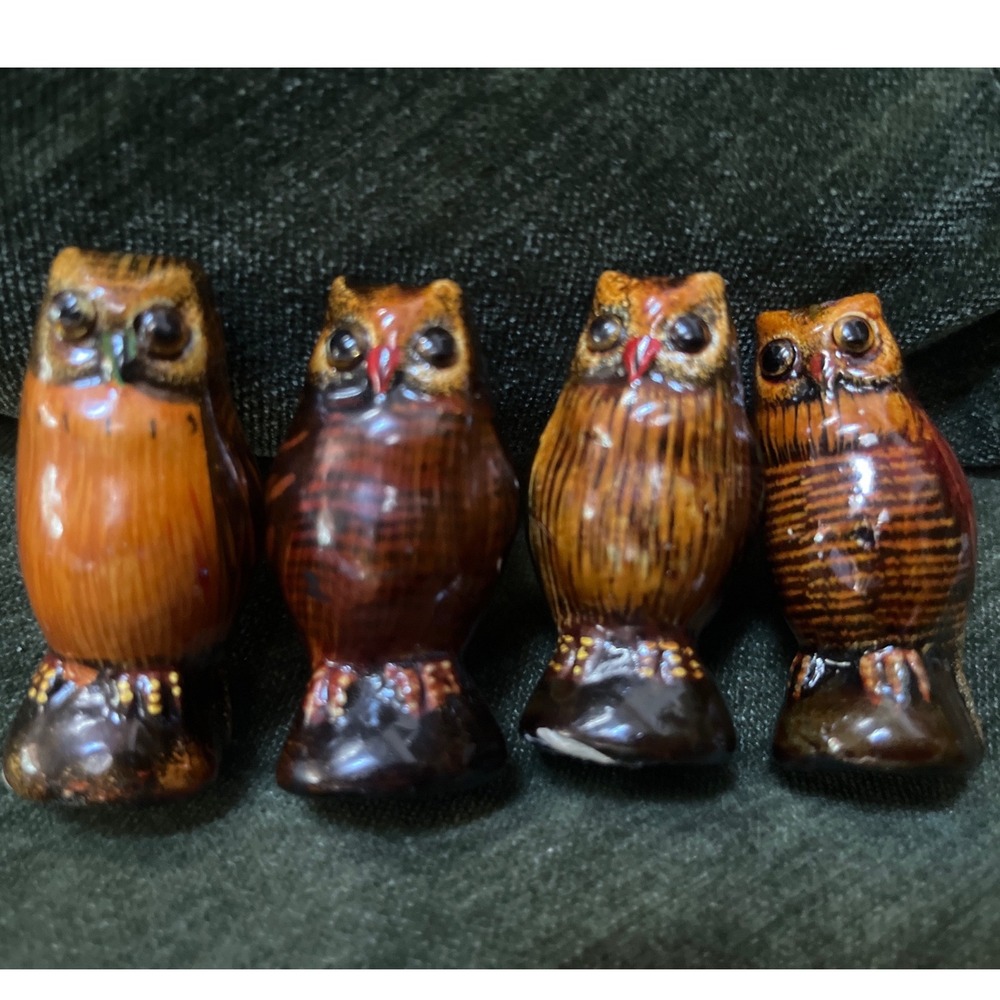 Vintage Enesco Hand Painted Owl Figurines Set of 4 Miniature Ceramic Brown Gold